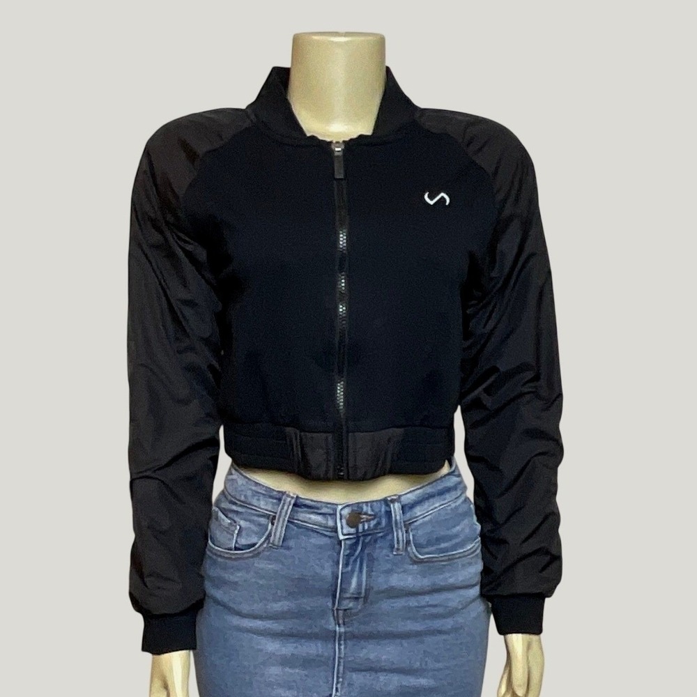TLF Take Life Further Womens Black Mixed Media Cropped Bomber Jacket, Medium